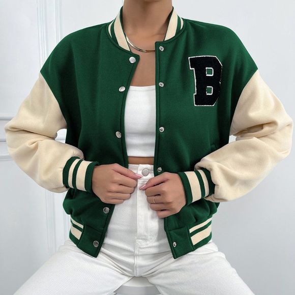 New Letter Patched Striped Trim Drop Shoulder Varsity Jacket Green 226 - Picture 2 of 7
